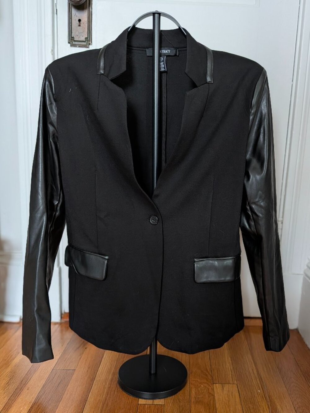 Ellen Tracy Black Faux Leather Sleeve Blazer Jacket Size S
